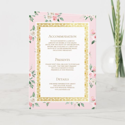 Invitation Floral rose vif tout en un Mariage indien d'or (Dos)