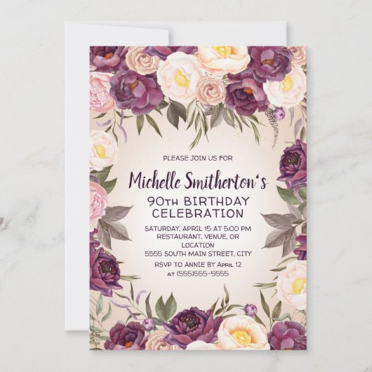 Invitation Floral rose vintage 90e anniversaire (Devant)