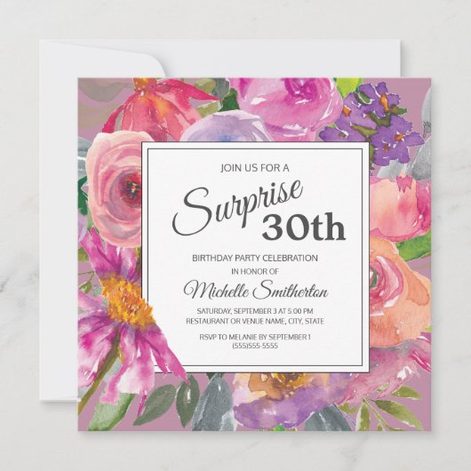 Invitation Floral rose violet 30e anniversaire surprenant (Devant)