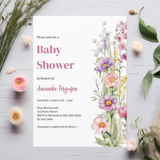 Invitation Floral rose violet fille Baby shower