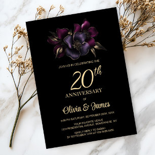 Invitation Floral rose violet noir 20e anniversaire