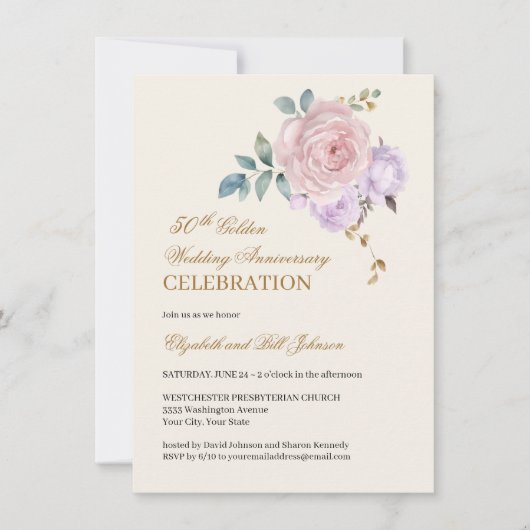 Invitation Floral rose violet or 50e anniversaire Mariage (Devant)