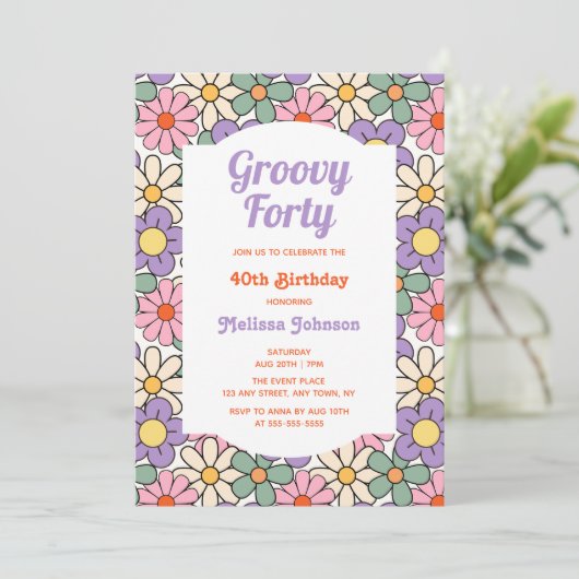 Invitation Floral rose violet rétro Super 40e anniversaire (Debout devant)