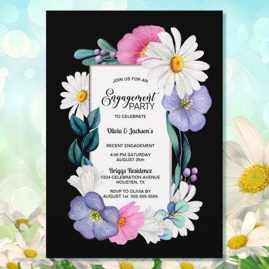 Invitation Floral rose violet sur la partie Black Engagement