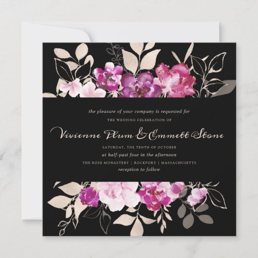 Invitation Floral rose violet sur Mariage noir (Devant)