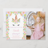 Invitation Floral rose violet Unicorne Photo Anniversaire (Devant)