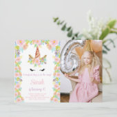 Invitation Floral rose violet Unicorne Photo Anniversaire (Debout devant)