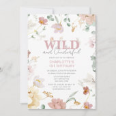 Invitation Floral rose Wild & Onederful Girl 1er anniversaire (Devant)