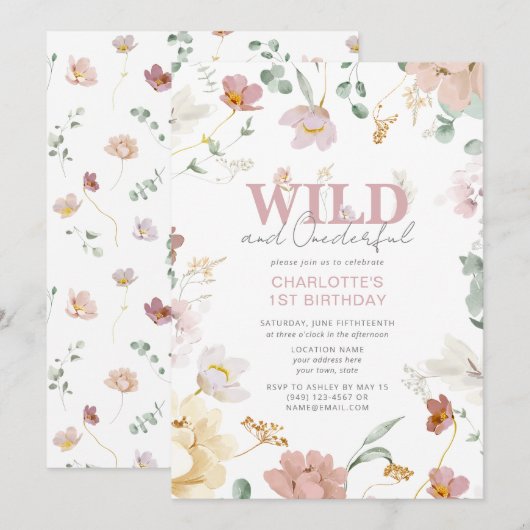 Invitation Floral rose Wild & Onederful Girl 1er anniversaire (Devant / Derrière)