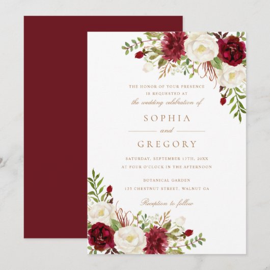 Invitation Floral Rouge Bourgogne Blanc Moderne Mariage éléga (Devant / Derrière)
