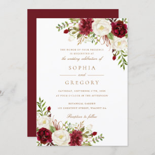 Invitation Floral Rouge Bourgogne Blanc Moderne Mariage éléga