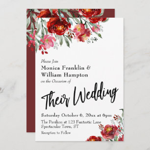 Invitation Floral Rouge Bourgogne Leur Typographie Mariage
