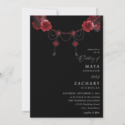 Invitation Floral rouge et Mariage cristal - Noir (Devant)