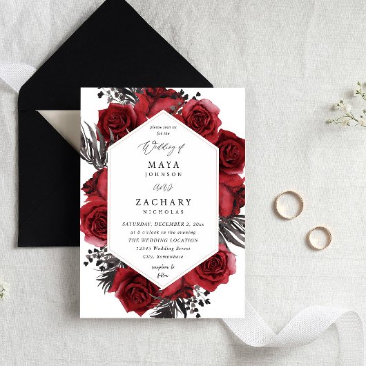 Invitation Floral rouge et Mariage noir