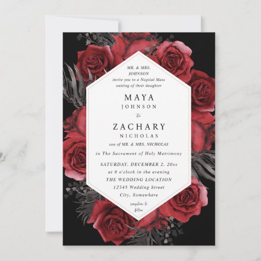 Invitation Floral rouge et Mariage noir - Noir V3 (Devant)