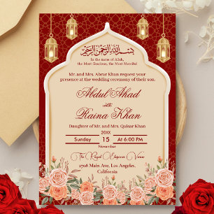 Invitation Floral Rouge et or Mariage musulman islamique