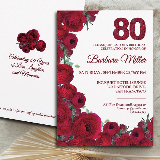Invitation Floral rouge gras 80e anniversaire