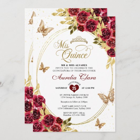 Invitation Floral Rouge Or Tiara Butterfly Mis Quinceañera (Devant / Derrière)