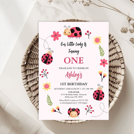 Invitation Floral rouge rose Notre Petite coccinelle 1er Anni