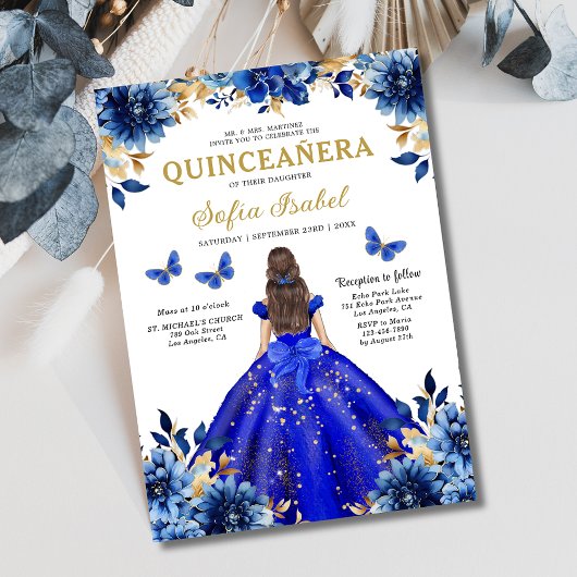 Invitation Floral Royal Blue Butterfly Princess Quinceanera