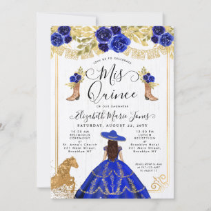 Invitation Floral Royal Blue Gold Horse Charra Quinceanera