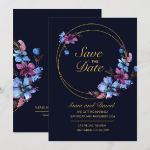 Invitation Floral Royal Blue Moderne Économisez La Date