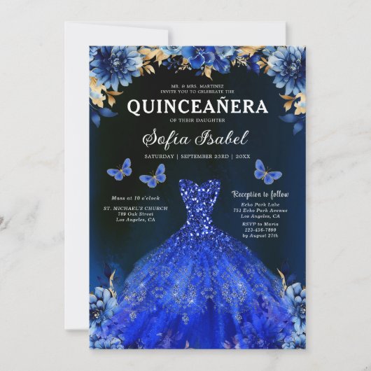 Invitation Floral Royal Blue QR Code Princess Quinceanera (Devant)