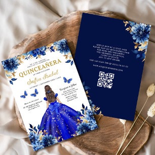 Invitation Floral Royal Blue QR Code Princess Quinceanera