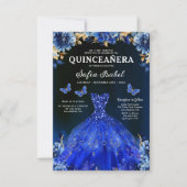 Invitation Floral Royal Blue Quinceanera espagnol bilingue (Devant)