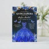 Invitation Floral Royal Blue Quinceanera espagnol bilingue (Debout devant)