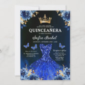 Invitation Floral Royal Blue Quinceanera espagnol bilingue (Devant)