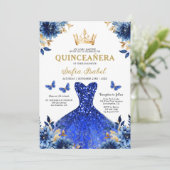 Invitation Floral Royal Blue Quinceanera espagnol bilingue (Debout devant)