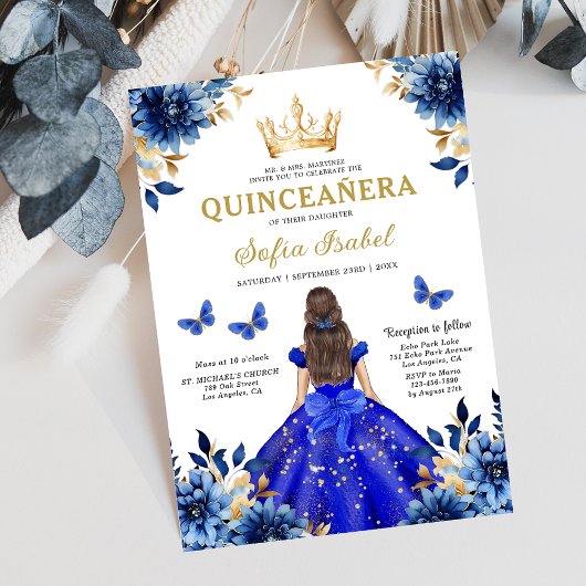 Invitation Floral Royal Blue Quinceanera espagnol bilingue