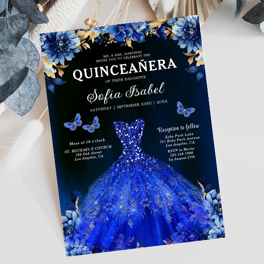 Invitation Floral Royal Blue Quinceanera espagnol bilingue