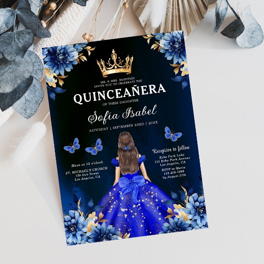 Invitation Floral Royal Blue Quinceanera espagnol bilingue