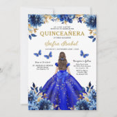 Invitation Floral Royal Blue Quinceanera espagnol bilingue (Devant)