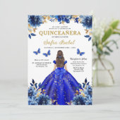 Invitation Floral Royal Blue Quinceanera espagnol bilingue (Debout devant)