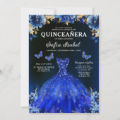 Invitation Floral Royal Blue Quinceanera espagnol bilingue (Devant)