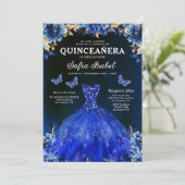 Invitation Floral Royal Blue Quinceanera espagnol bilingue (Debout devant)