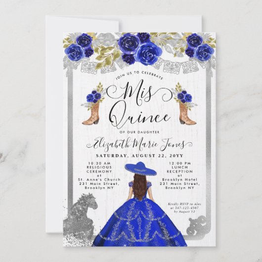 Invitation Floral Royal Blue Silver Horse Charra Quinceanera (Devant)
