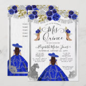 Invitation Floral Royal Blue Silver Horse Charra Quinceanera (Devant / Derrière)