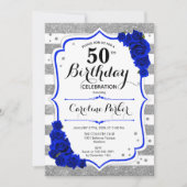 Invitation Floral Royal Blue Silver Photo 50e anniversaire (Devant)