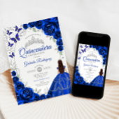 Invitation Floral Royal Blue Silver Quinceanera