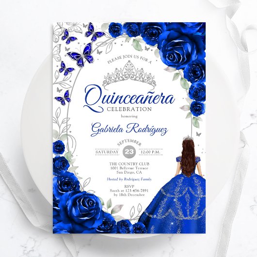 Invitation Floral Royal Blue Silver Quinceanera