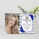 Invitation Floral Royal Blue Silver White Photo 50e anniversa (Debout devant)