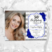 Floral Royal Blue Silver White Photo 50e anniversa