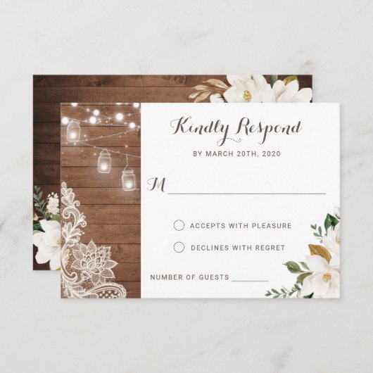 Invitation Floral Rustic Bois Éclairage Magnolia RSVP (Devant / Derrière)
