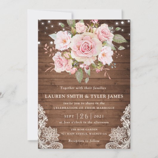 Invitation Floral Rustic Bois Rose String Mariage de dentelle (Devant)