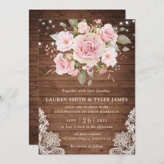 Invitation Floral Rustic Bois Rose String Mariage de dentelle (Devant / Derrière)