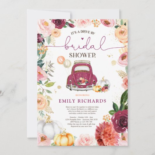 Invitation Floral Rustic Citrouille Drive Par Fête des mariée (Devant)